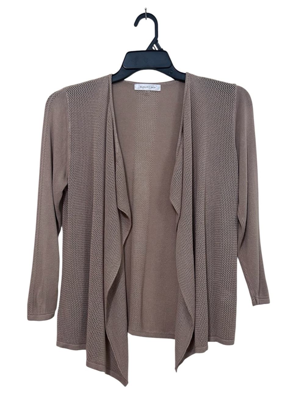August Silk Open Front Cardigan Sweater Knit Draped Taupe Tan Size S